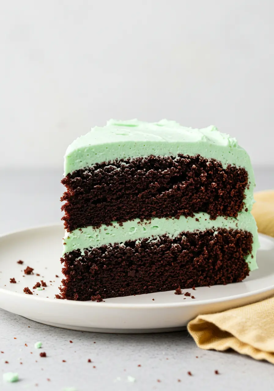 A big slice of mint chocolate cake on a white plate.