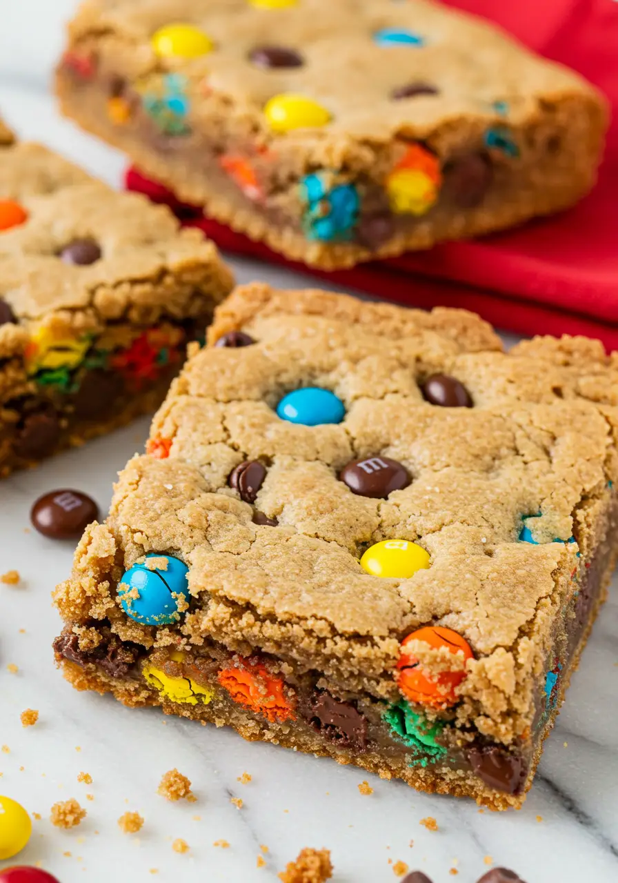 M&M cookie bars on a white marble surface.