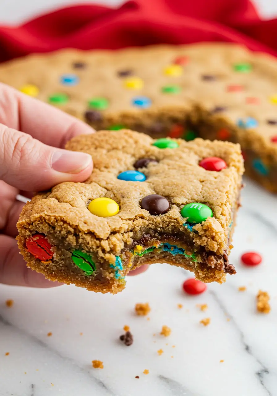 A hand holding an M&M cookie bar with a bite missing.