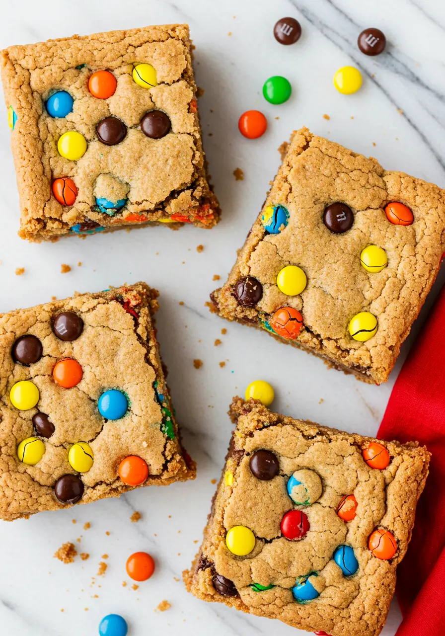 M&M cookie bars on a white marble surface and a red napkin beside them.