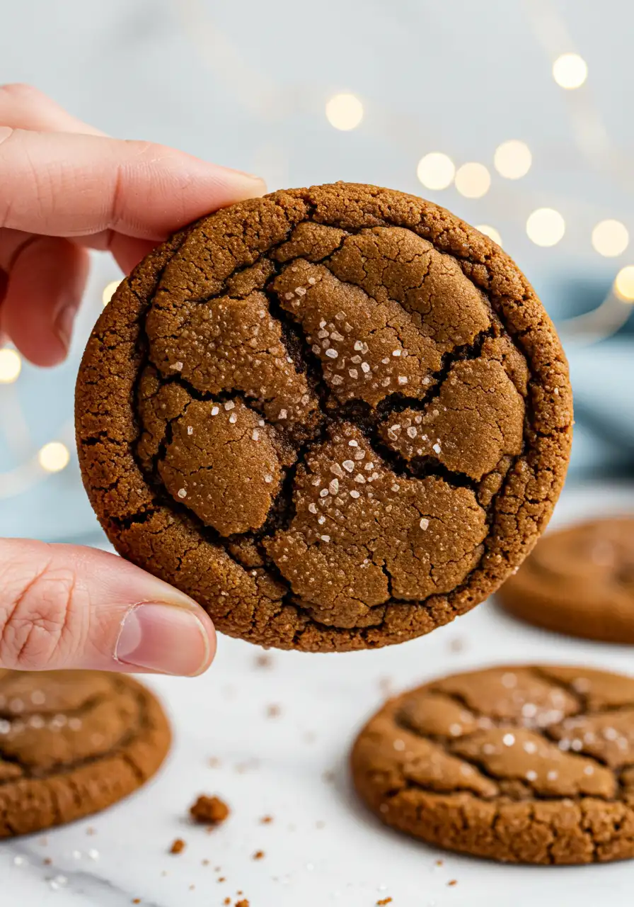 A hand holding a molasses cookie.