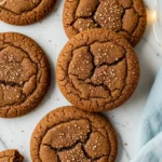Molasses cookies on a white marble surface and led string glows around them.