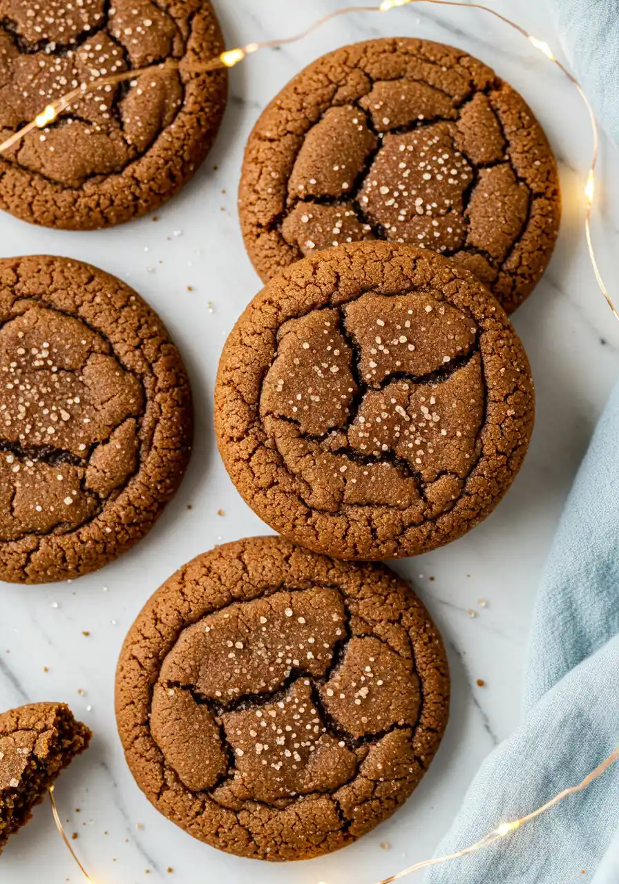 Molasses cookies on a white marble surface and led string glows around them.