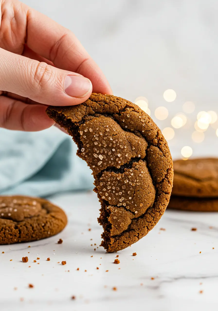 A hand holding half a molasses cookie against a white marble surface.