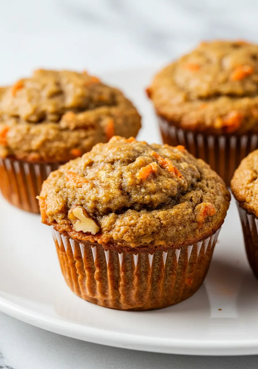 Morning glory muffins on a white plate against a white marble surface.