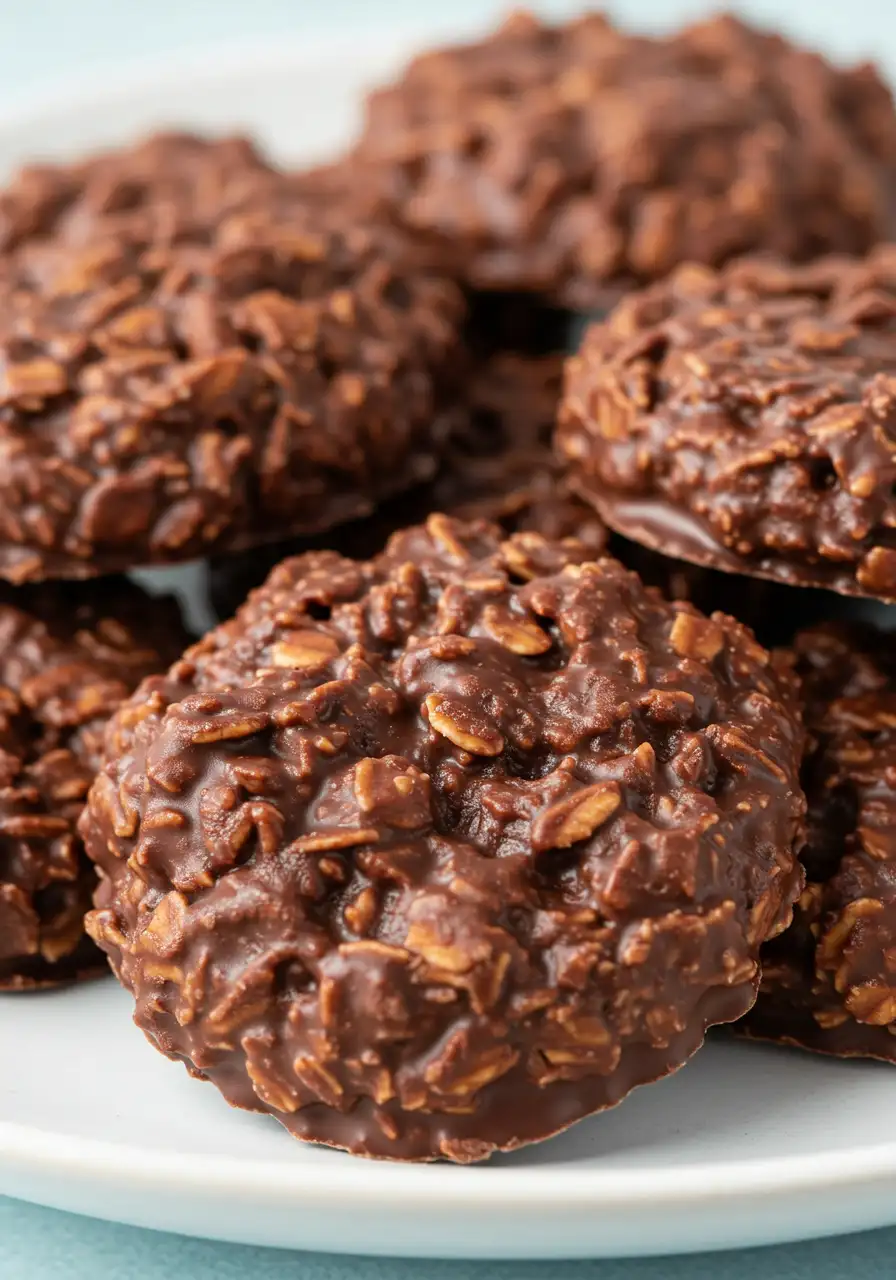 No-bake cookies placed on a white plate against a light blue surface.