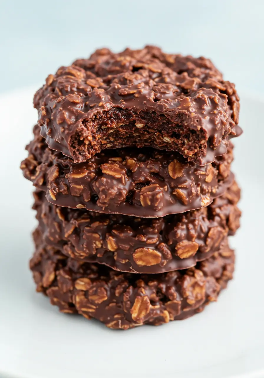 Stack of no-bake cookies placed on a white plate, with the top cookie having a bite taken out of it.