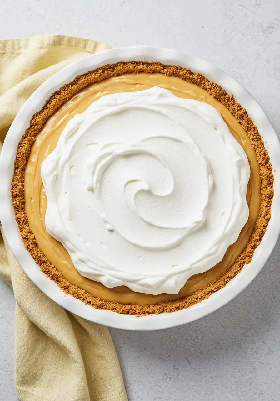 No bake pumpkin pie topped with whipped cream.