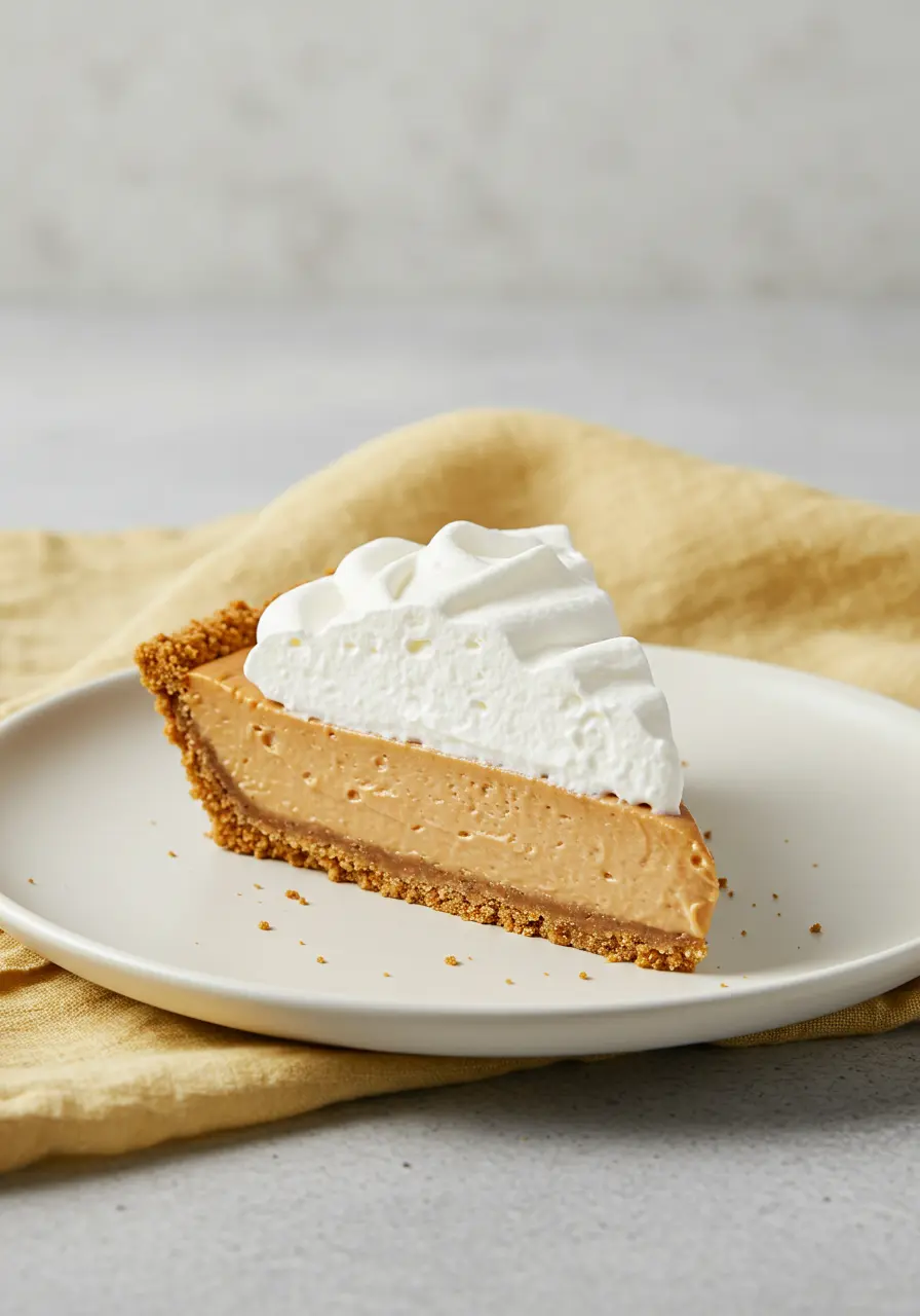 A slice of no-bake pumpkin pie on a white plate.