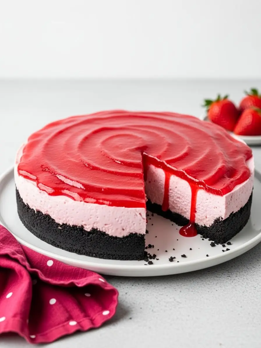 No-bake strawberry cheesecake on a white plate with a slice missing.