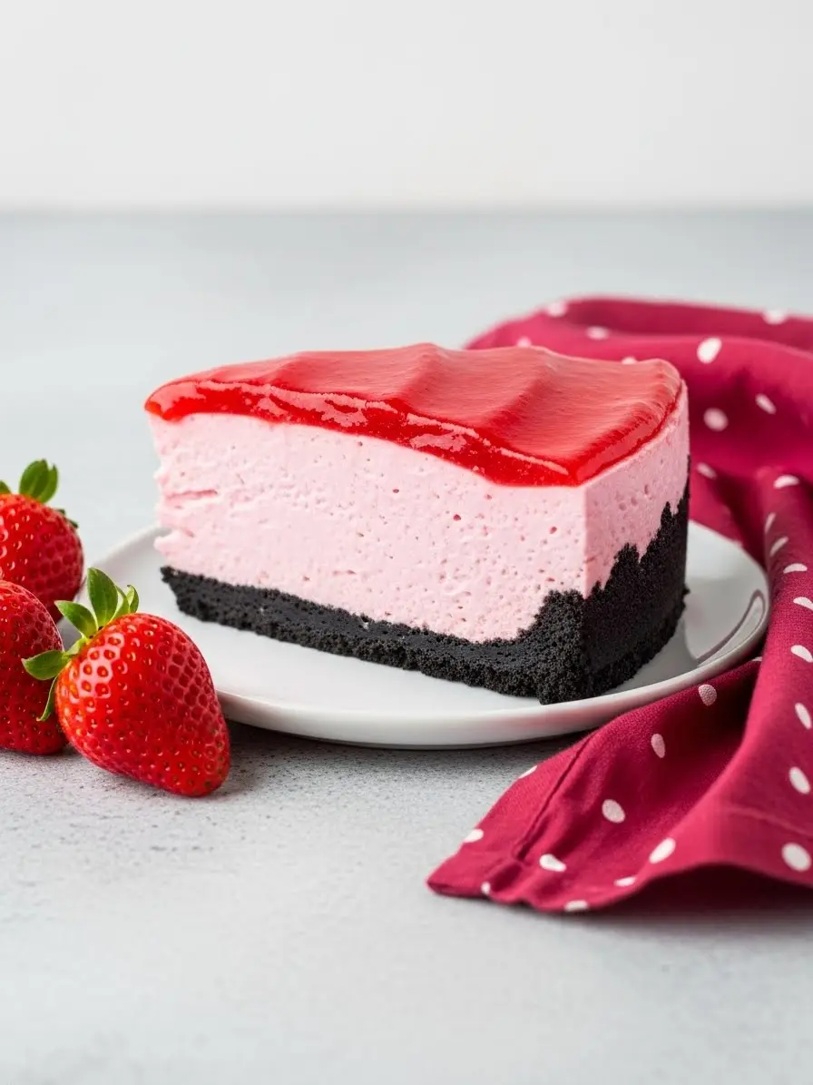 A slice of no-bake strawberry cheesecake on a white plate.