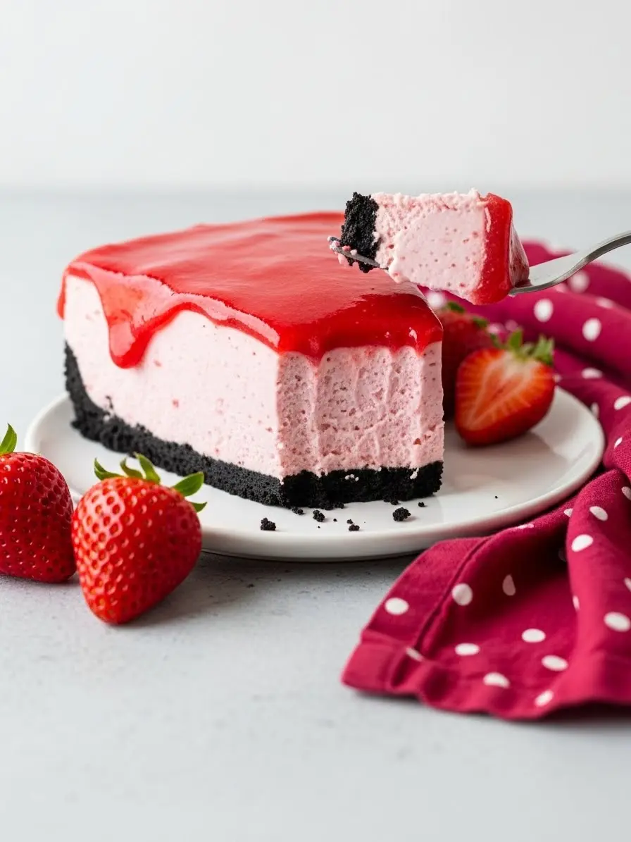 A slice of no-bake strawberry cheesecake with a bite missing.