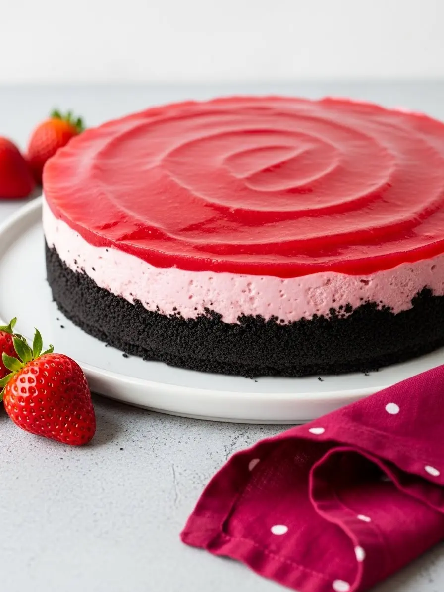 No bake strawberry cheesecake on a white plate.