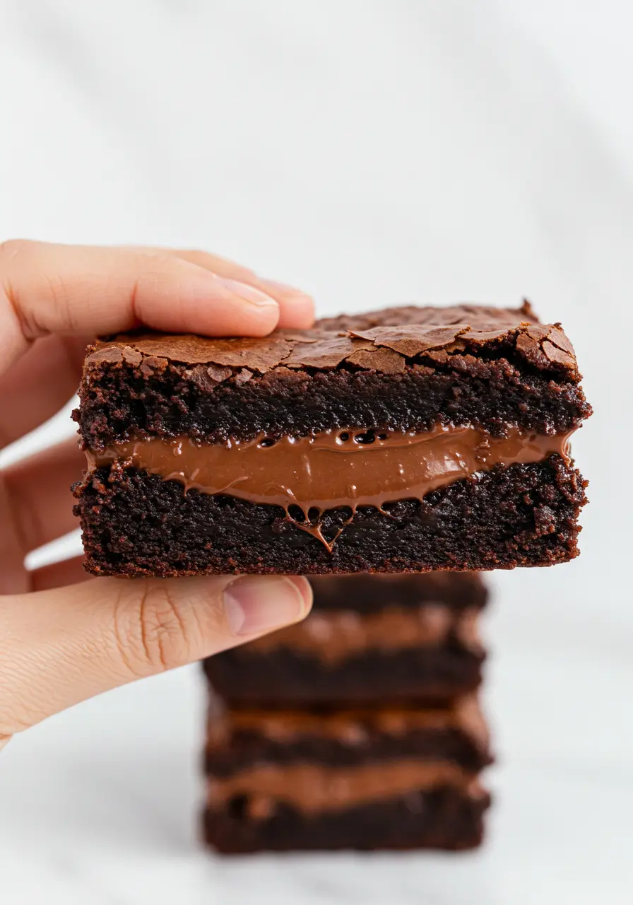 A hand holding a slice of Nutella Brownies.