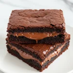Stack of two Nutella brownies placed on a white plate against a white marble surface.