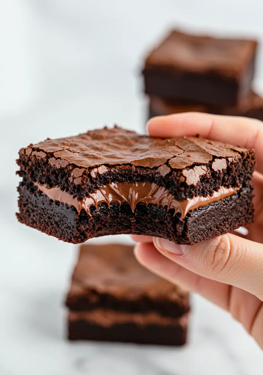 A hand holding a slice of Nutella Brownies with a bite taken out of it.