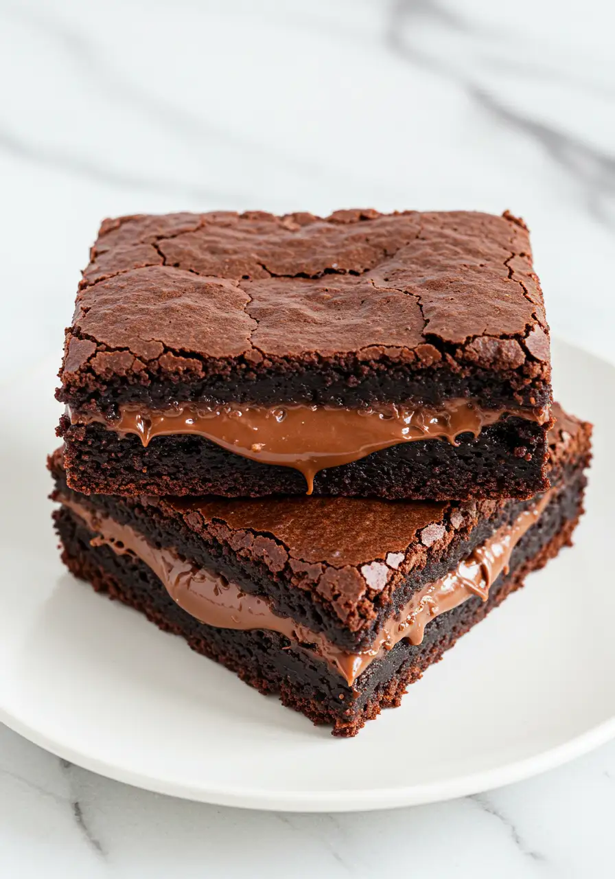 Stack of two Nutella brownies placed on a white plate against a white marble surface.