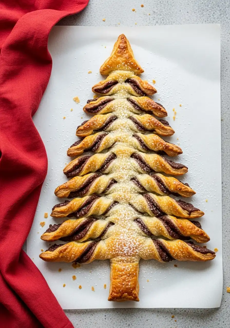 Nutella Christmas tree puff pastry on white parchment paper and a red napkin beside it.