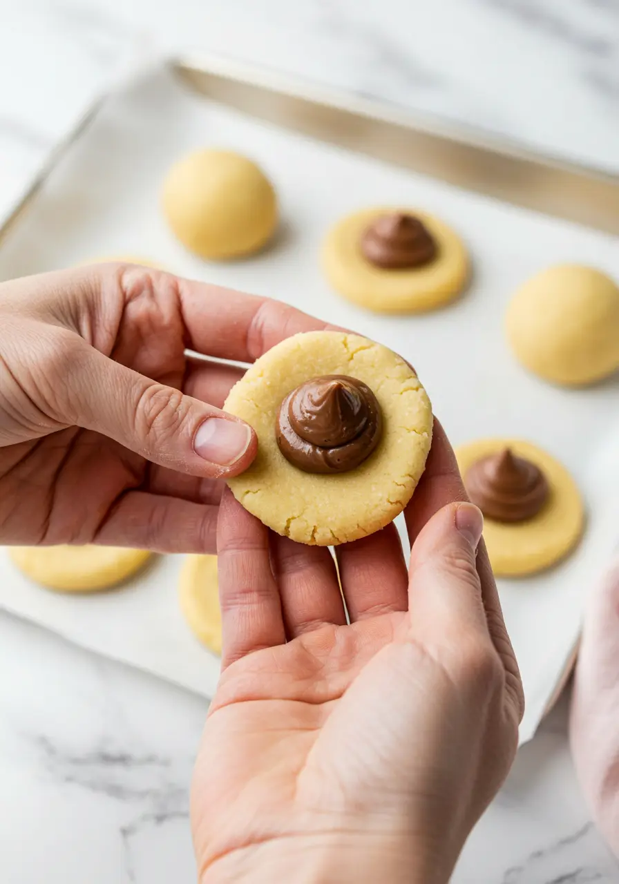 Hands making a Nutella-stuffed cookie with soft dough and Nutella inside.
