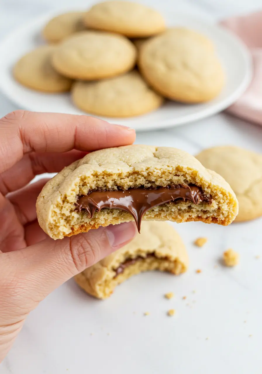 A hand holding a Nutella cookie with a bite taken out of it.