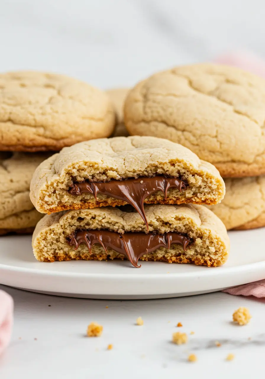 Nutella cookies on a white plate against a marble surface.