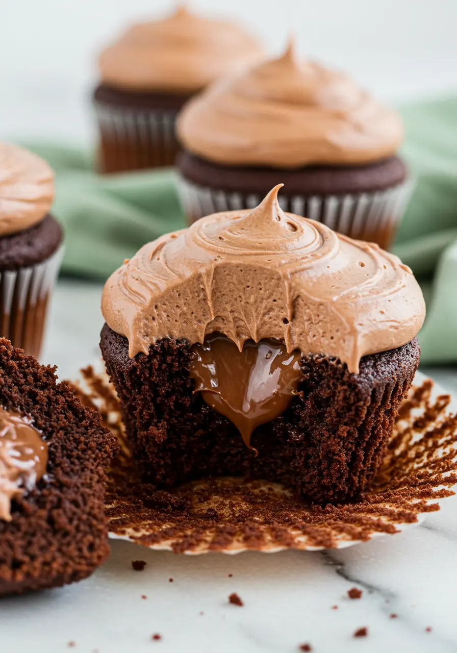 Nutella cupcakes on a white marble surface and one cupcake have a bite taken out of it.