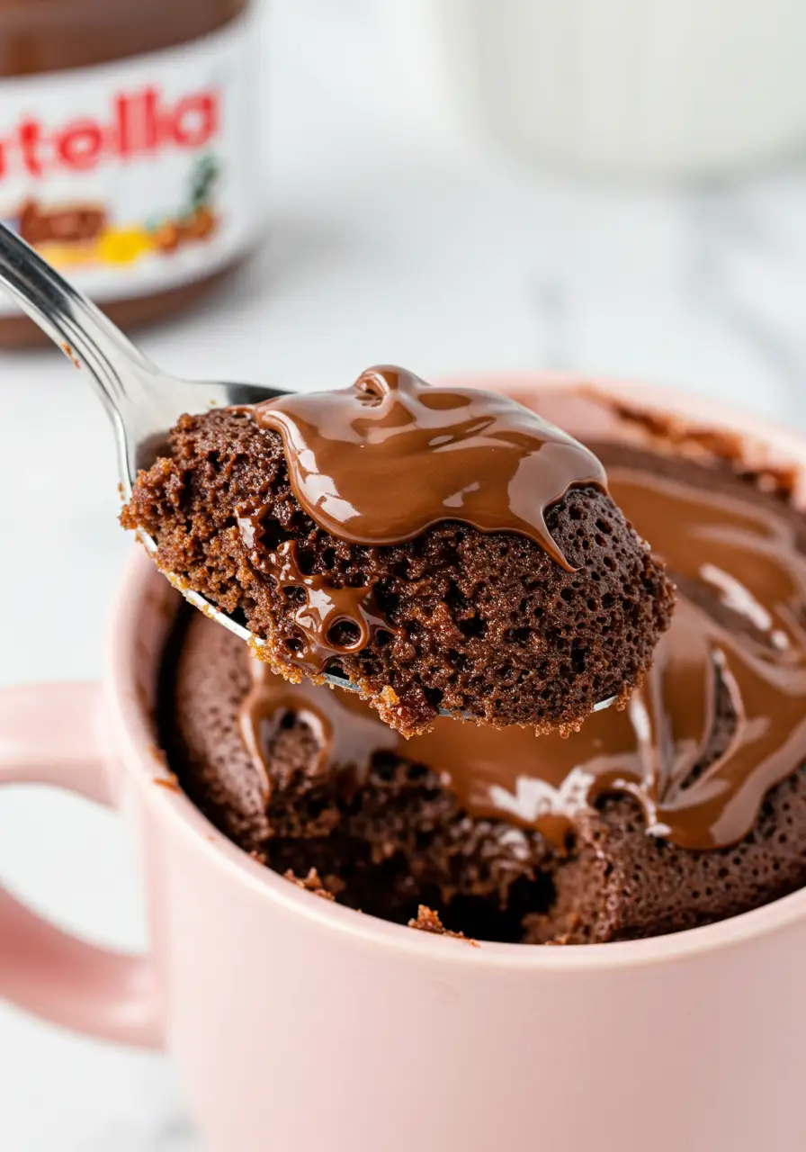 Nutella mug cake in a pink mug with a spoonful taken out of it.