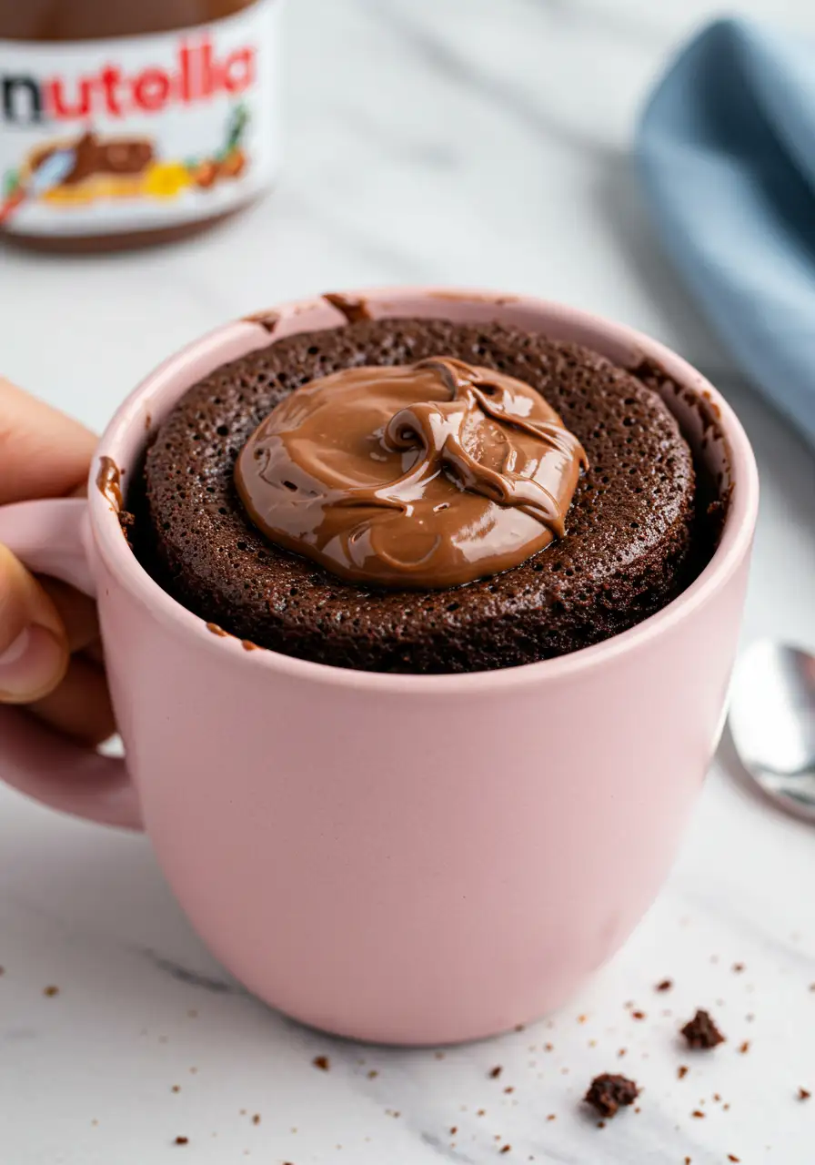 Nutella mug cake in a pink mug against a white marble surface and a blue napkin next to it.
