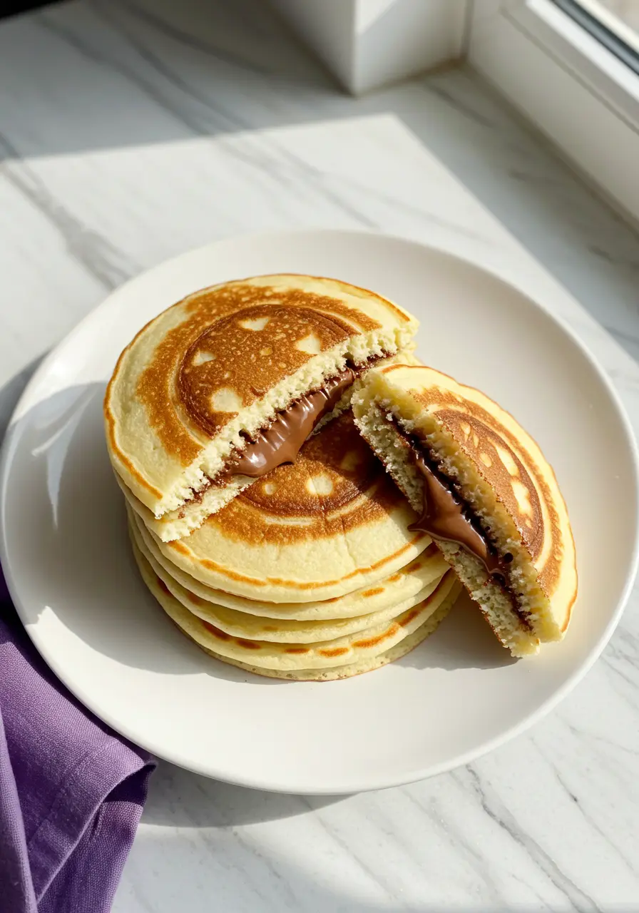 Nutella pancakes on a white plate, with a purple napkin folded beside it.