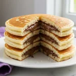 Nutella pancakes with a big serving missing revealing the Nutella filling.