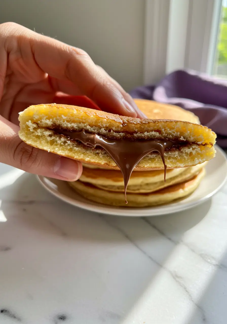 A hand holding half Nutella pancake. 