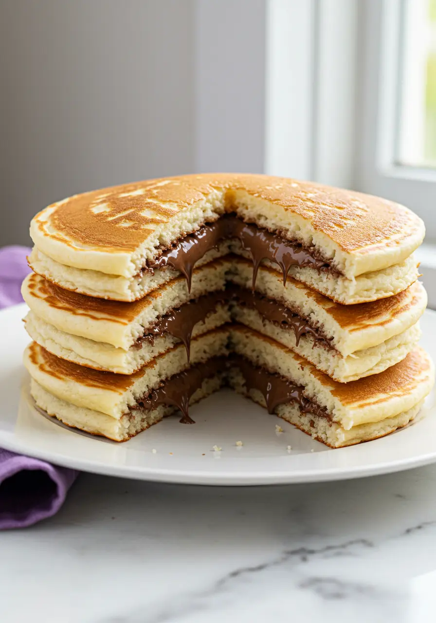 Nutella pancakes with a big serving missing revealing the Nutella filling.