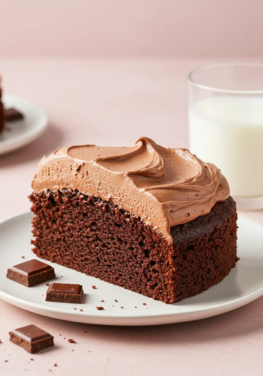 A slice of Nutella cake on a white plate and a few chocolate pieces around.