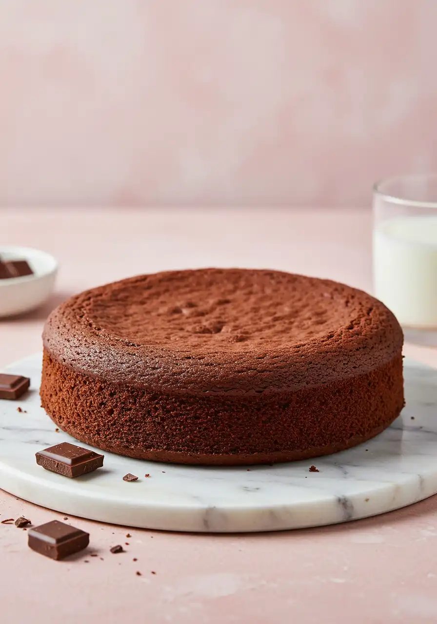 Nutella cake without the frosting on a white marble plate and a glass of milk behind.