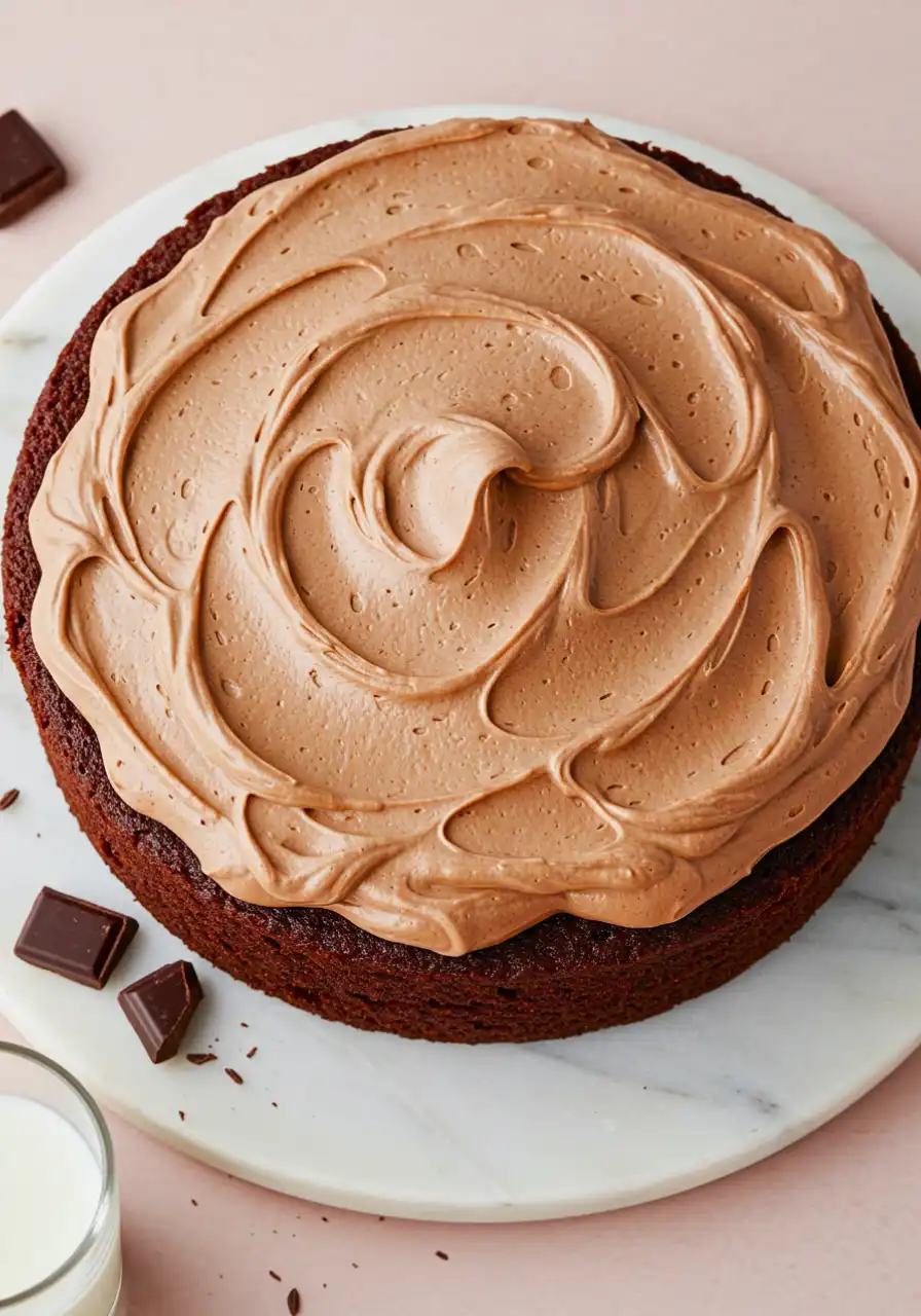 Nutella cake on a white marble plate against a light pink surface.