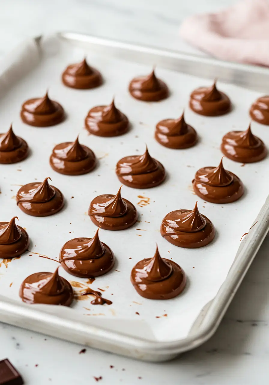 Small spoonfuls of Nutella on a lined baking sheet.