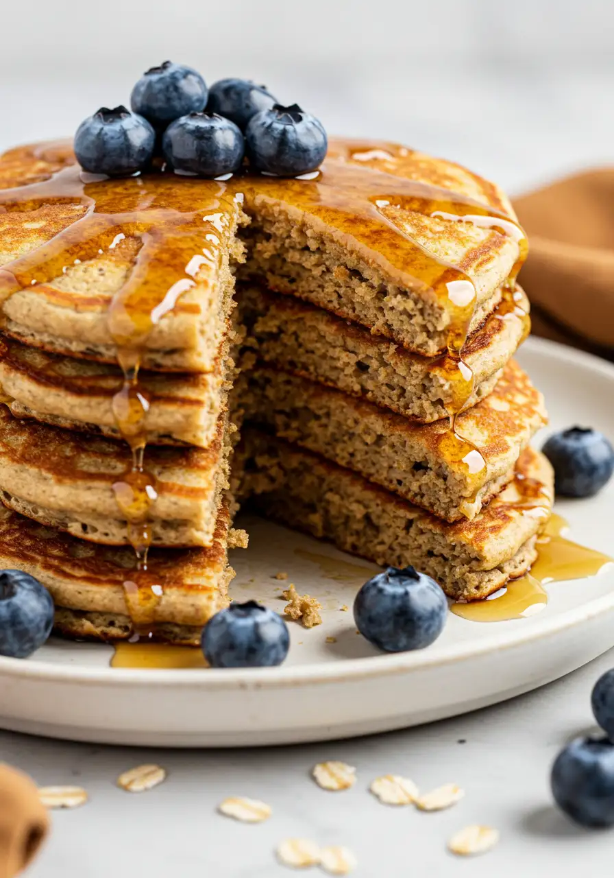 Stack of oat flour pancakes on a white plate with a big serving missing.