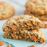 Two halves of oatmeal butterscotch cookies are placed on a light blue napkin.