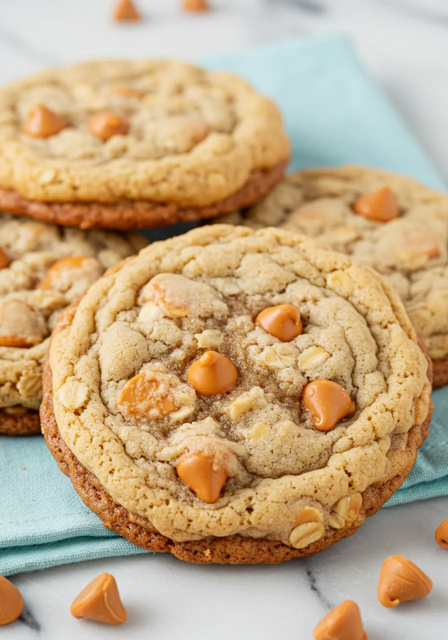 Oatmeal butterscotch cookies on a light blue napkin.
