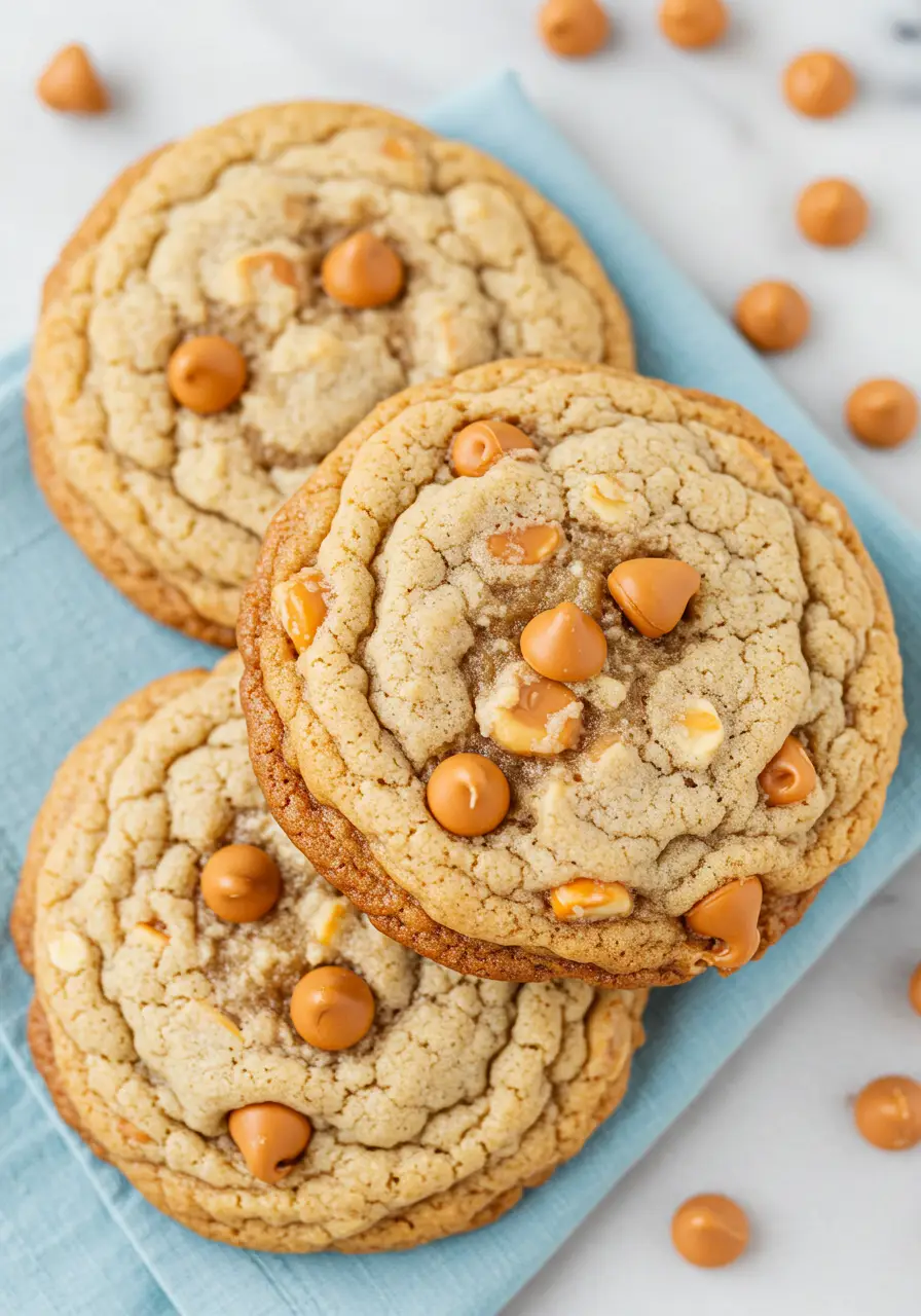 Three oatmeal butterscotch cookies on a light blue napkin.