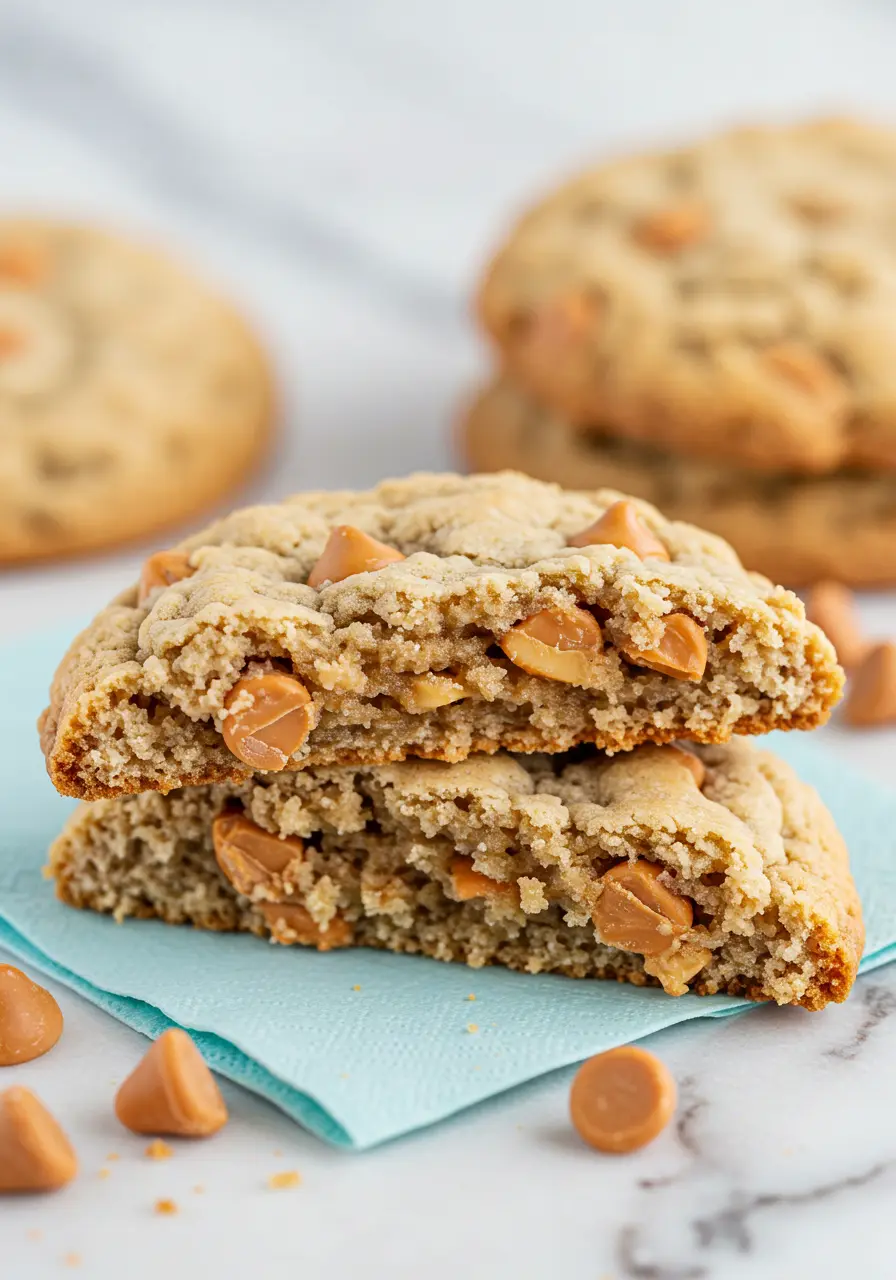 Two halves of oatmeal butterscotch cookies are placed on a light blue napkin.