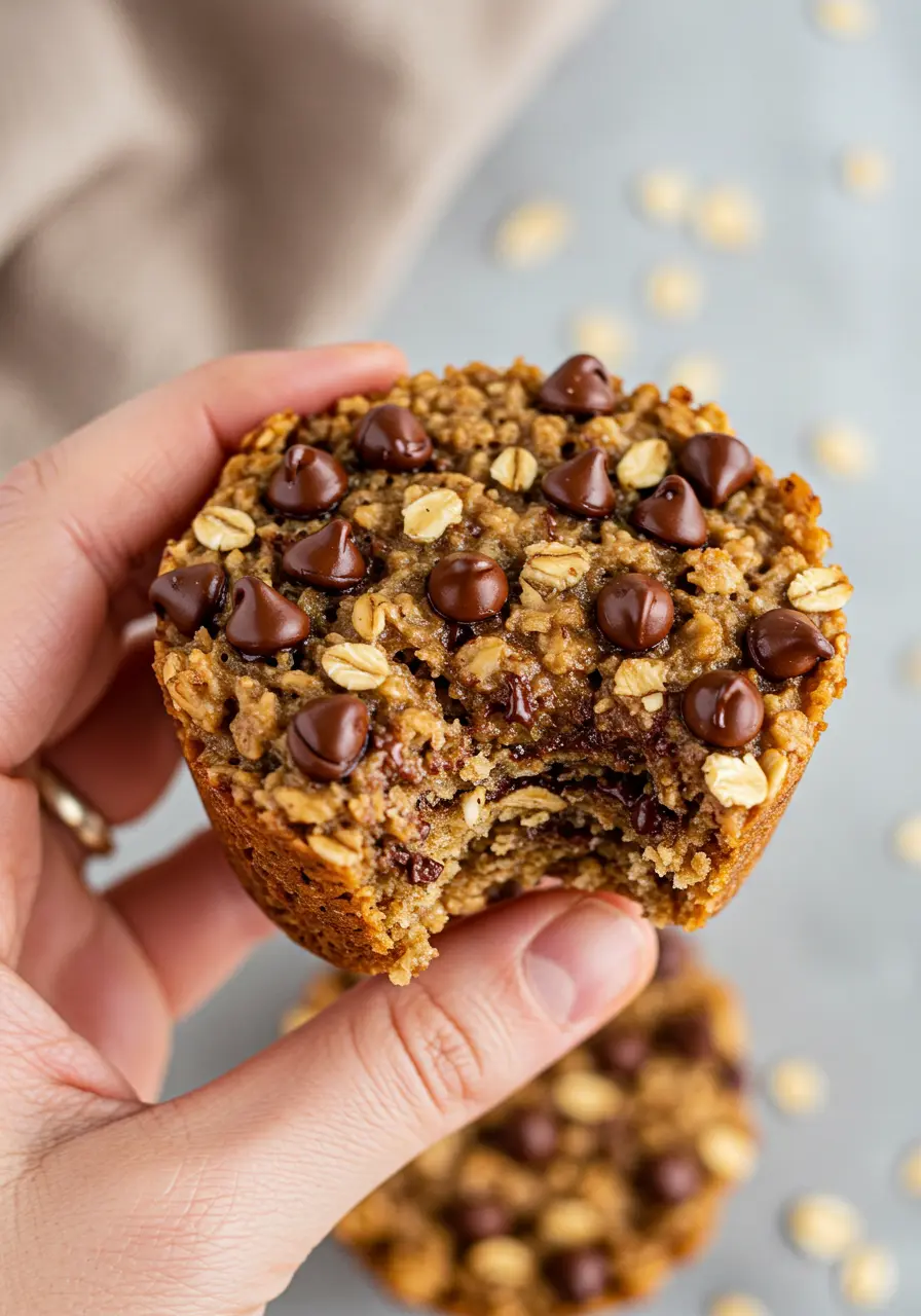 A hand holding an oatmeal chocolate chip muffin.