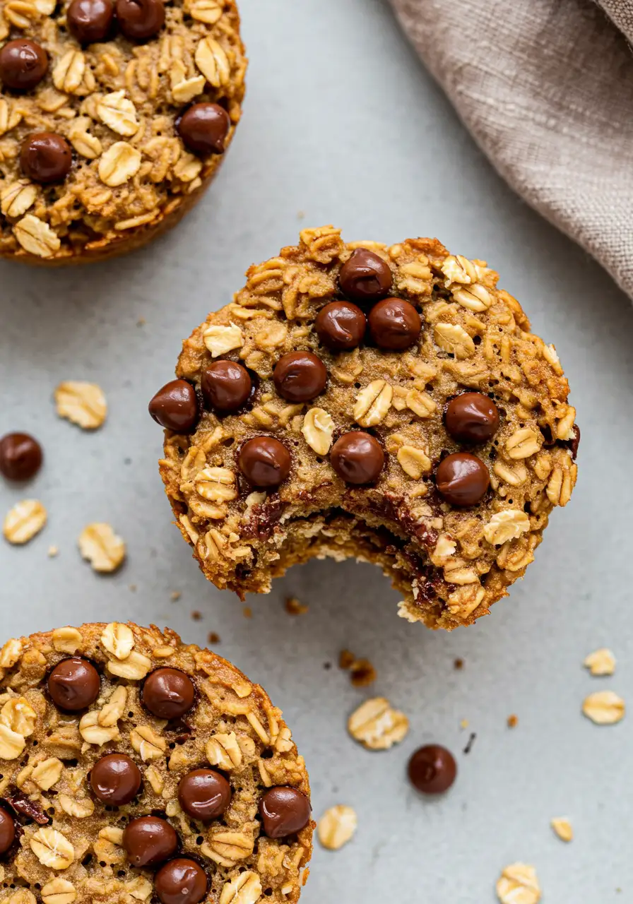 Oatmeal chocolate chip muffins and one of them with a bite missing.