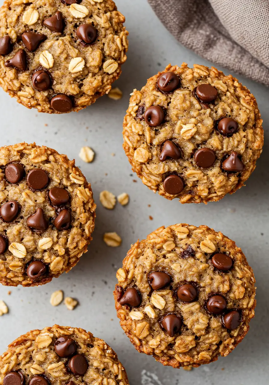 Oatmeal chocolate chip muffins on a gray surface.
