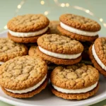 Oatmeal cream pie cookies on a white plate against a light green surface.