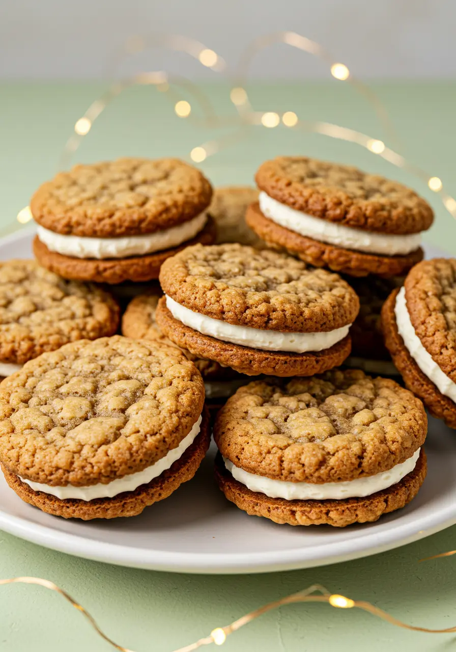 Oatmeal cream pie cookies on a white plate against a light green surface.