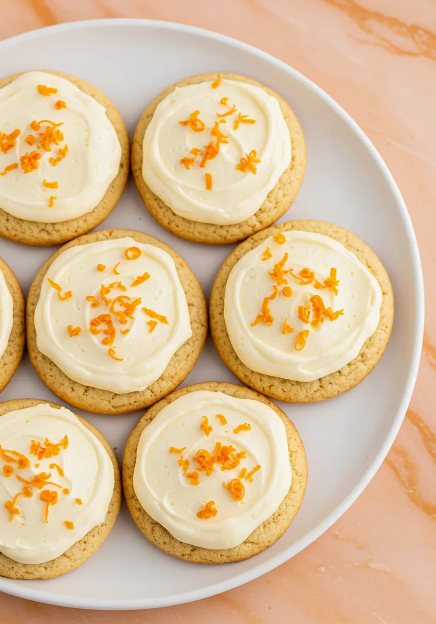 Orange cookies topped with cream cheese frosting were placed on a white plate.
