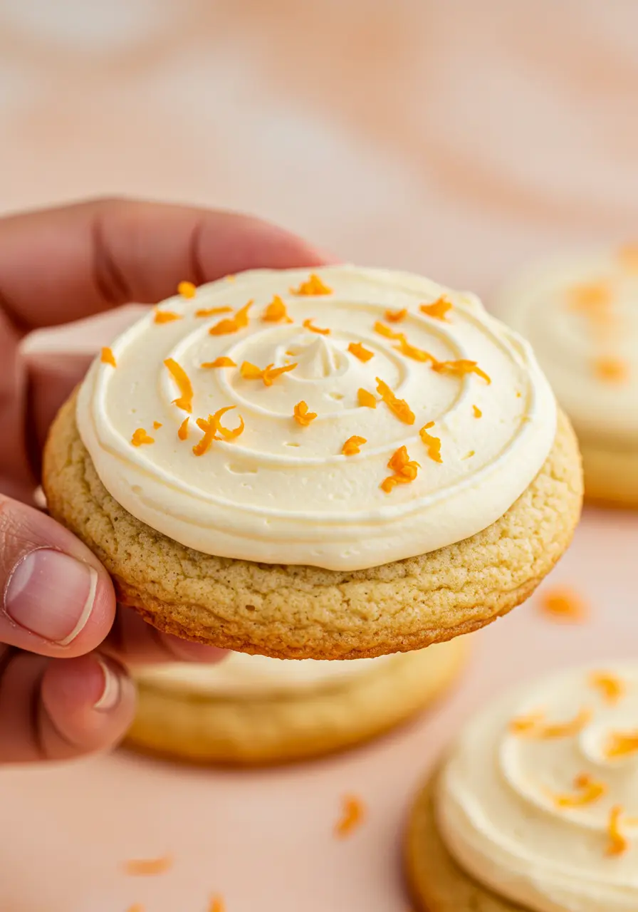 A hand holding an orange cookie with cream cheese frosting on top of it.