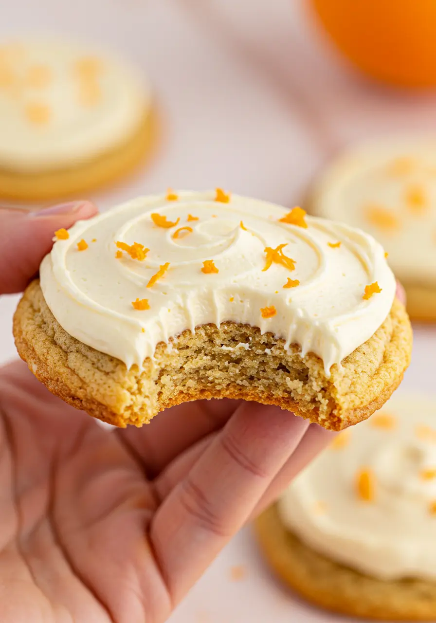 A hand holding an orange cookie with a bite taken out of it.