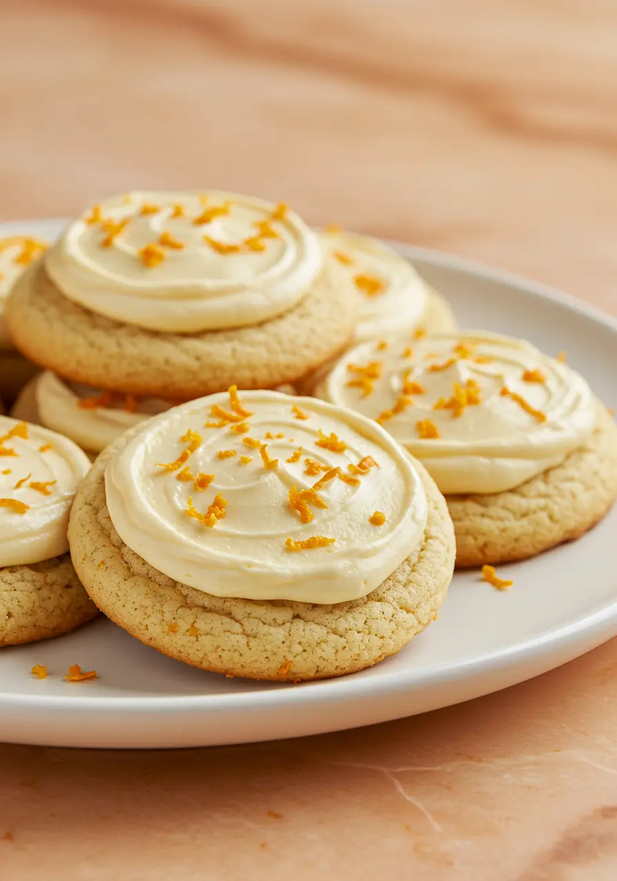 Orange cookies on a white plate against a light orange surface.